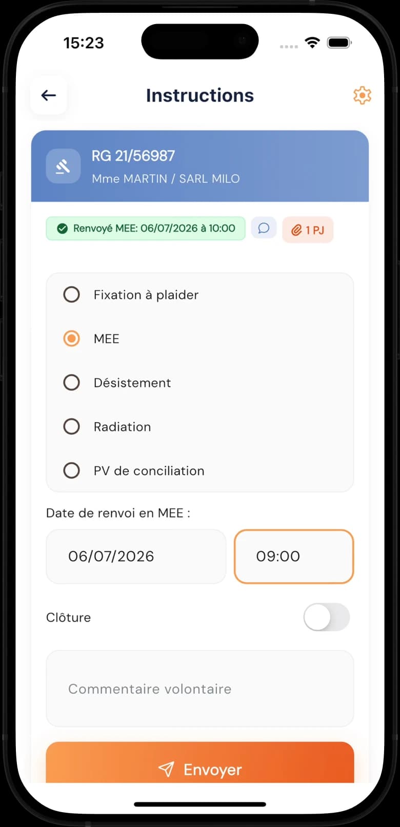 Interface de demande de renvoi